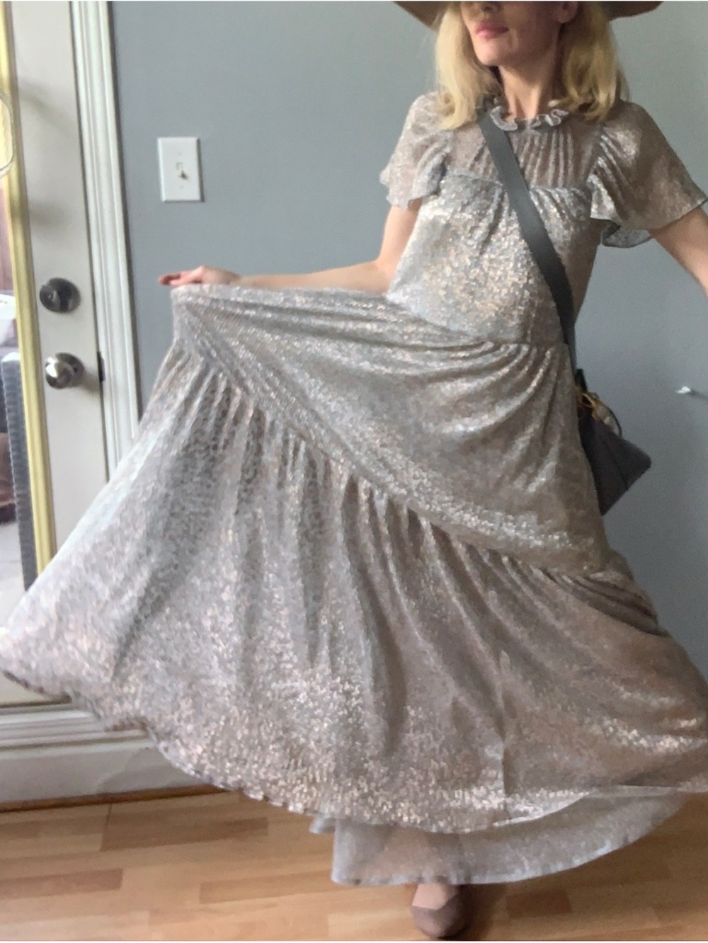 Anthropologie Elegant Silver ruffled warm metallic Maxi Dress
